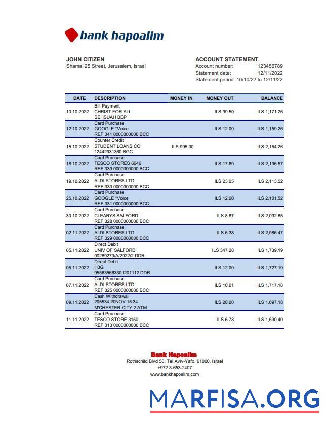 Downloadable Israel Hapoalim bank statement excel download for verification